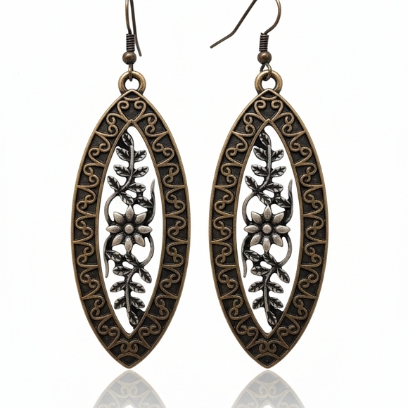Elegant Black and Gold Floral Earrings - Picture 3 of 4